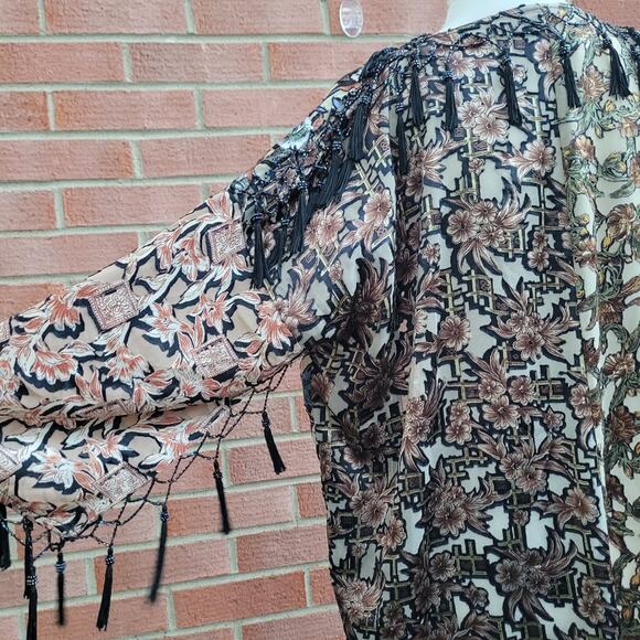 Sterling Styles Burnout Velver Beaded Tassel Fringe Boho Kimono Duster One Size - Picture 8 of 12